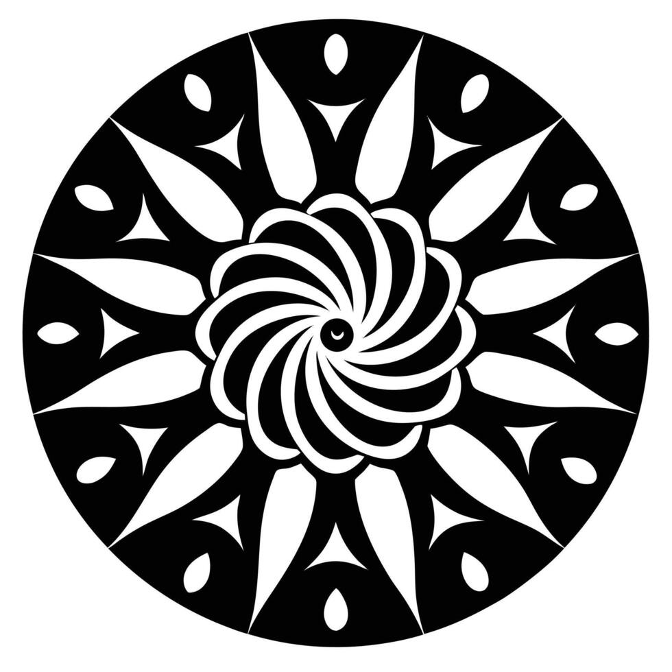 A black and white circular design with a flower in the center vector