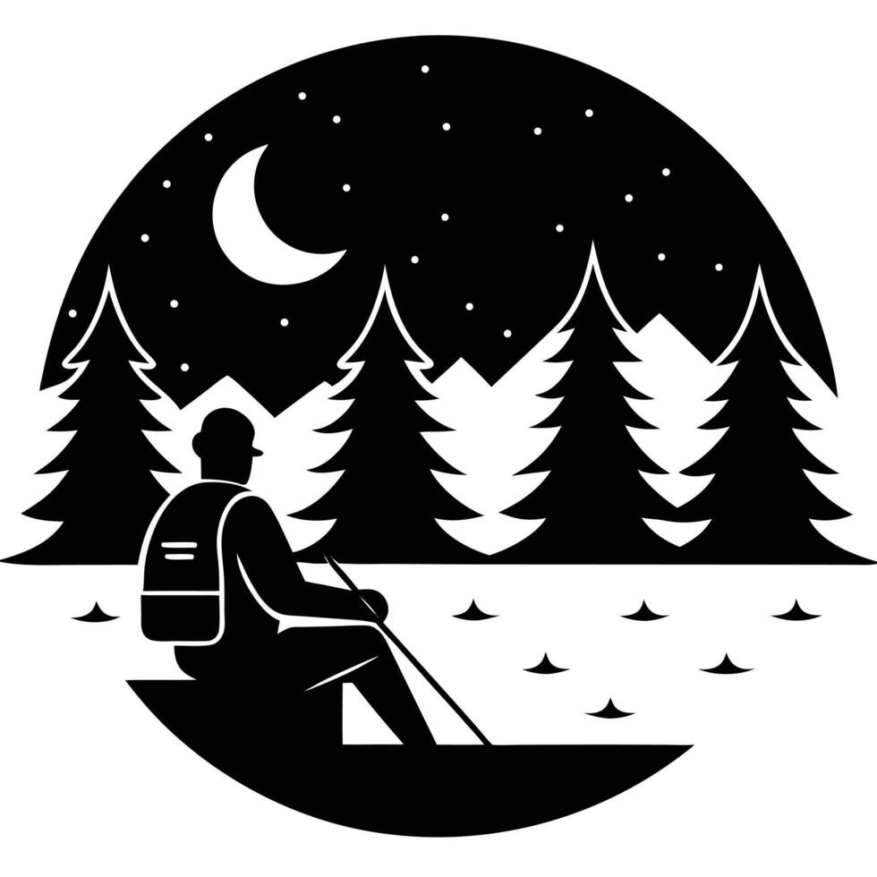 A man sitting on a canoe in the woods at night vector
