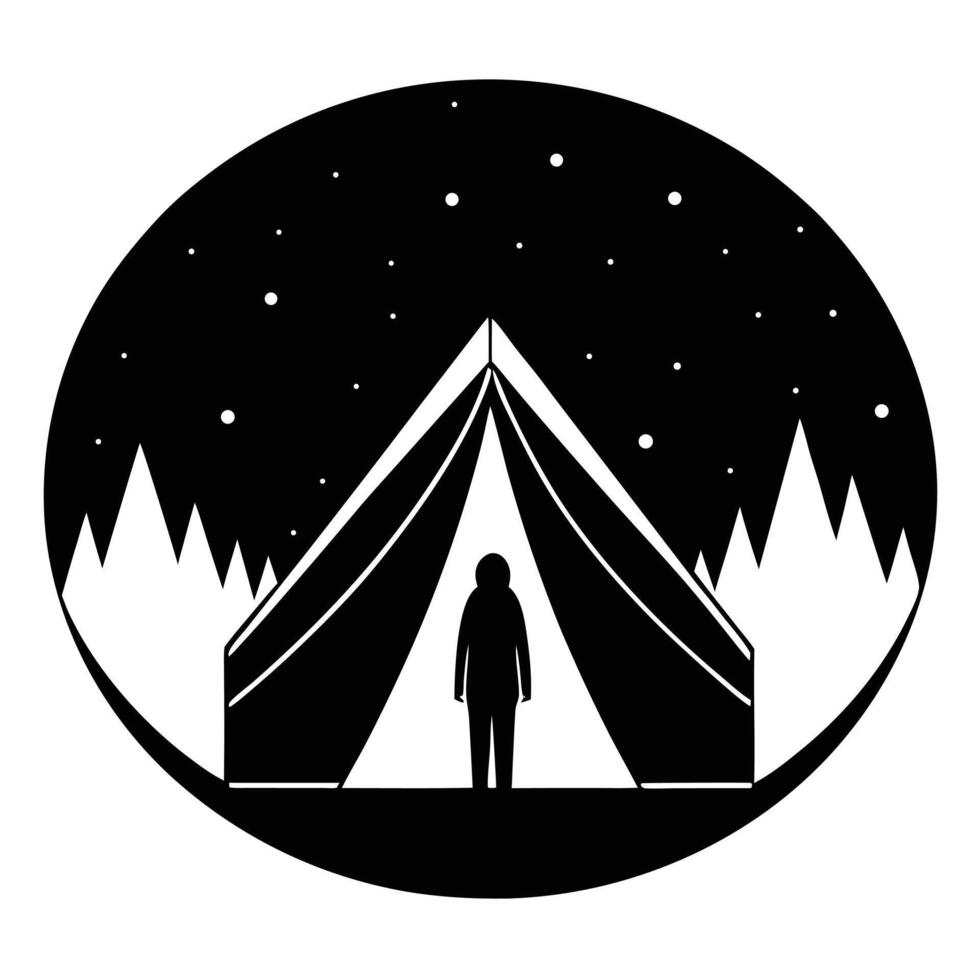 A black and white silhouette of a person standing in front of a tent vector