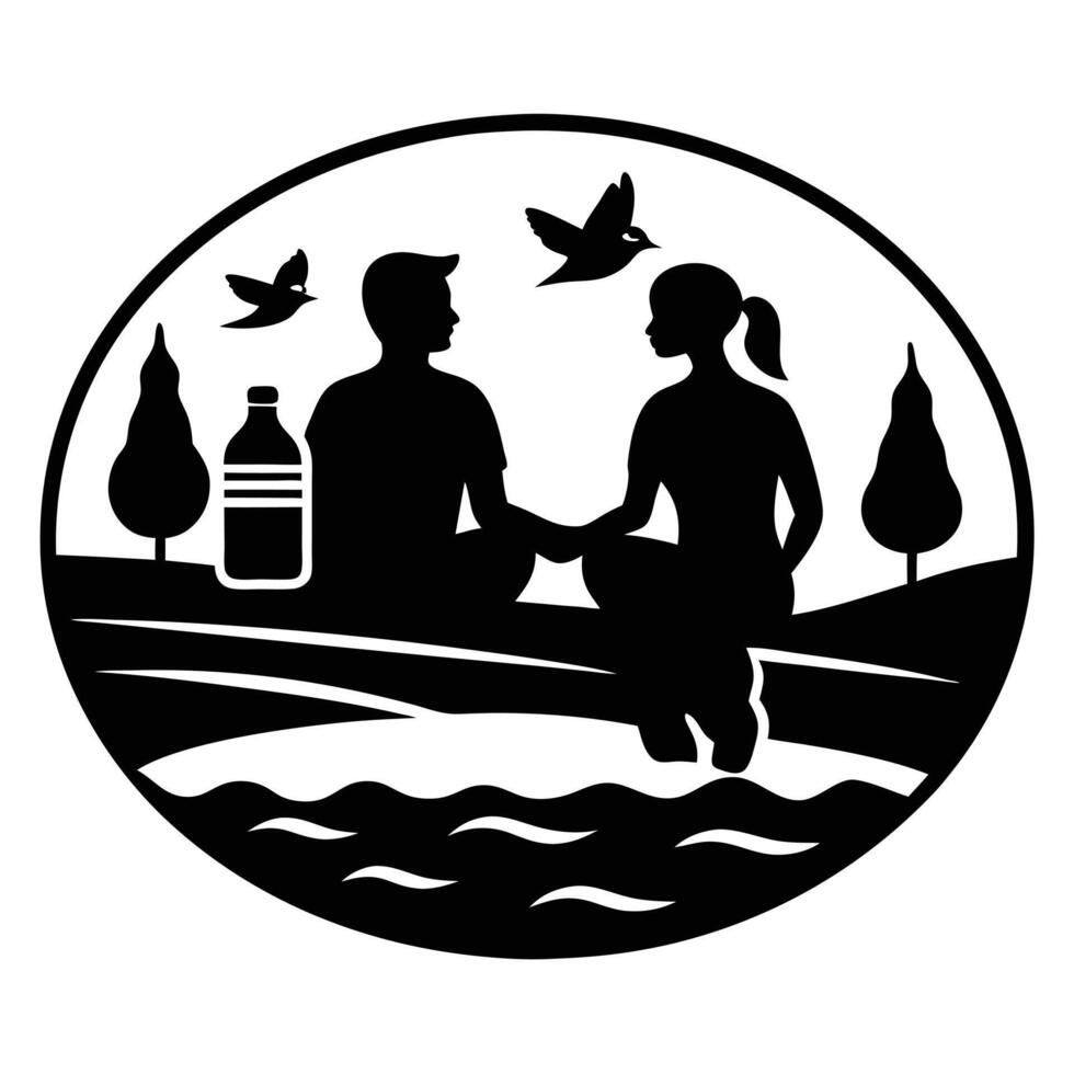 A couple sitting on a bench with water bottles and birds vector
