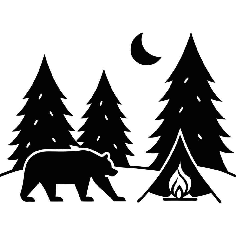 Bear and tent in the woods vector