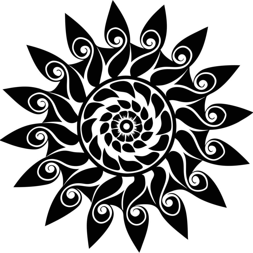A black and white sunflower design with swirls vector