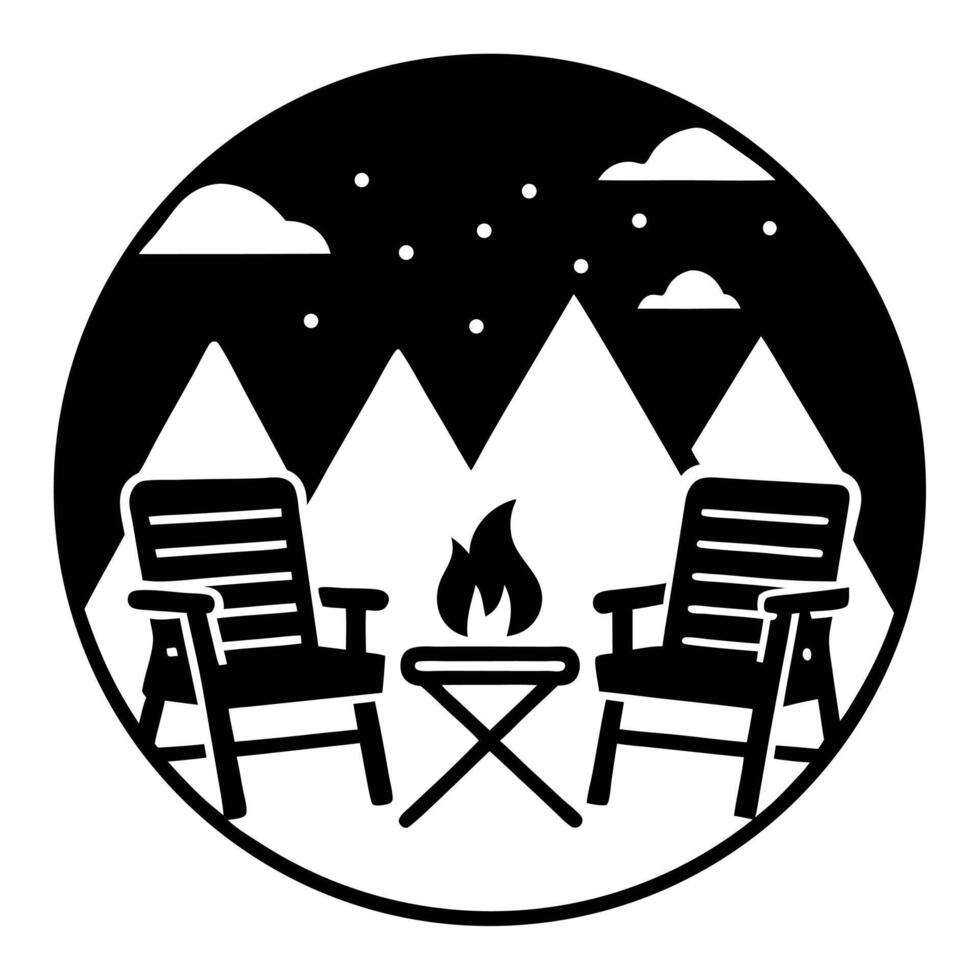 A black and white logo of two chairs and a fire pit vector