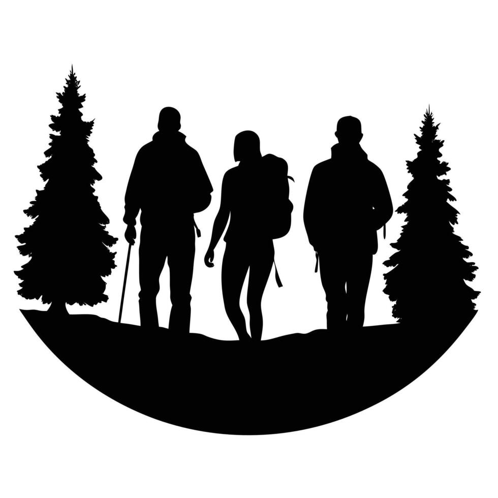 Silhouette of three people hiking in the woods vector