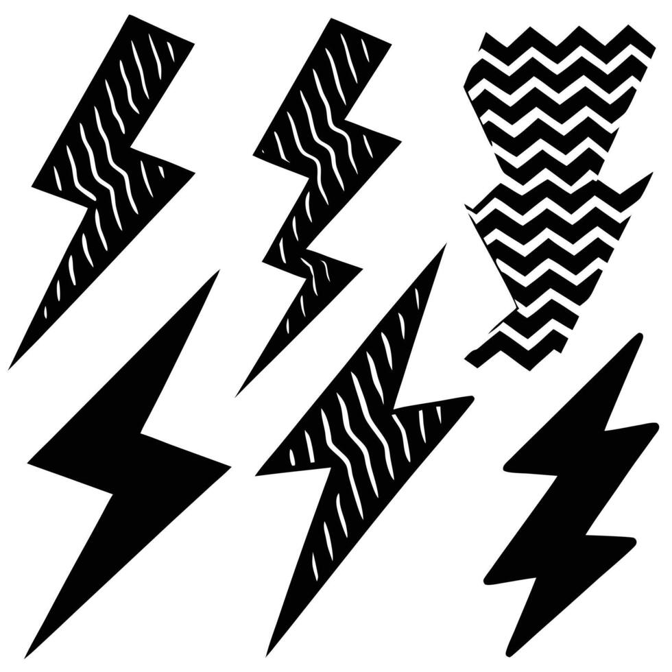A set of black and white lightning bolts vector