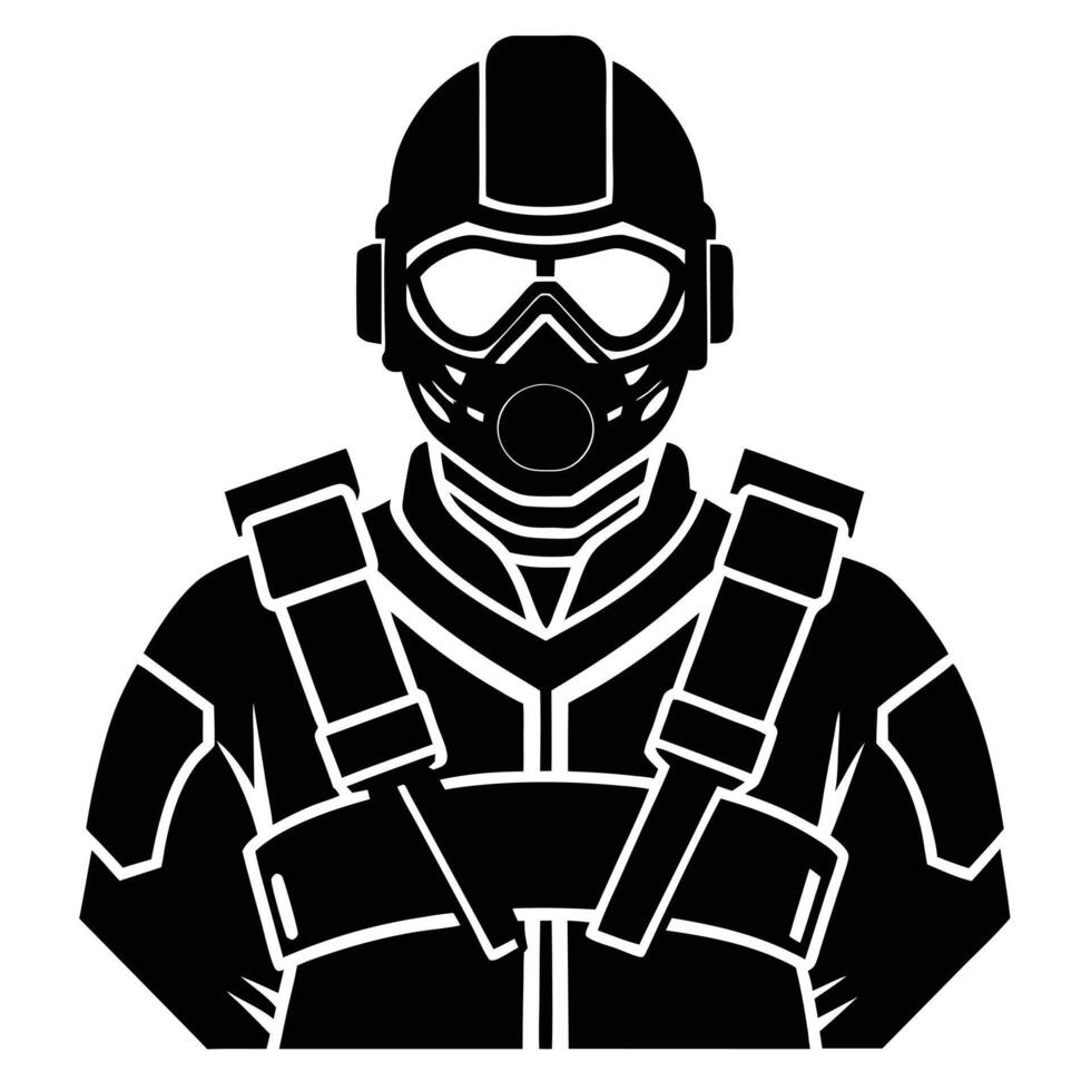 A black and white silhouette of a man in a gas mask vector