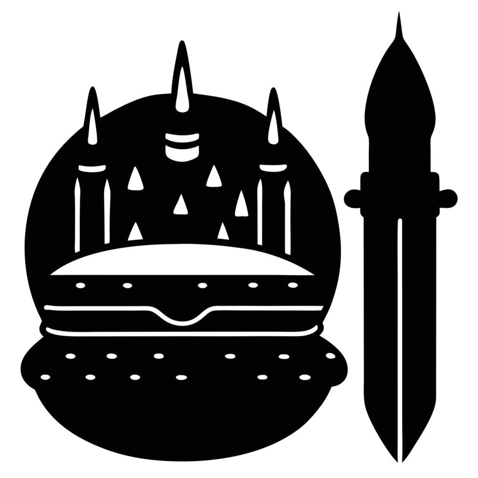 A black and white silhouette of a castle and a knife vector