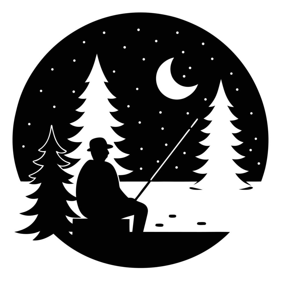 A man sitting on a bench with a fishing rod in the night vector