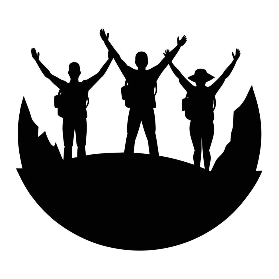 Silhouette of three people standing on top of a mountain vector