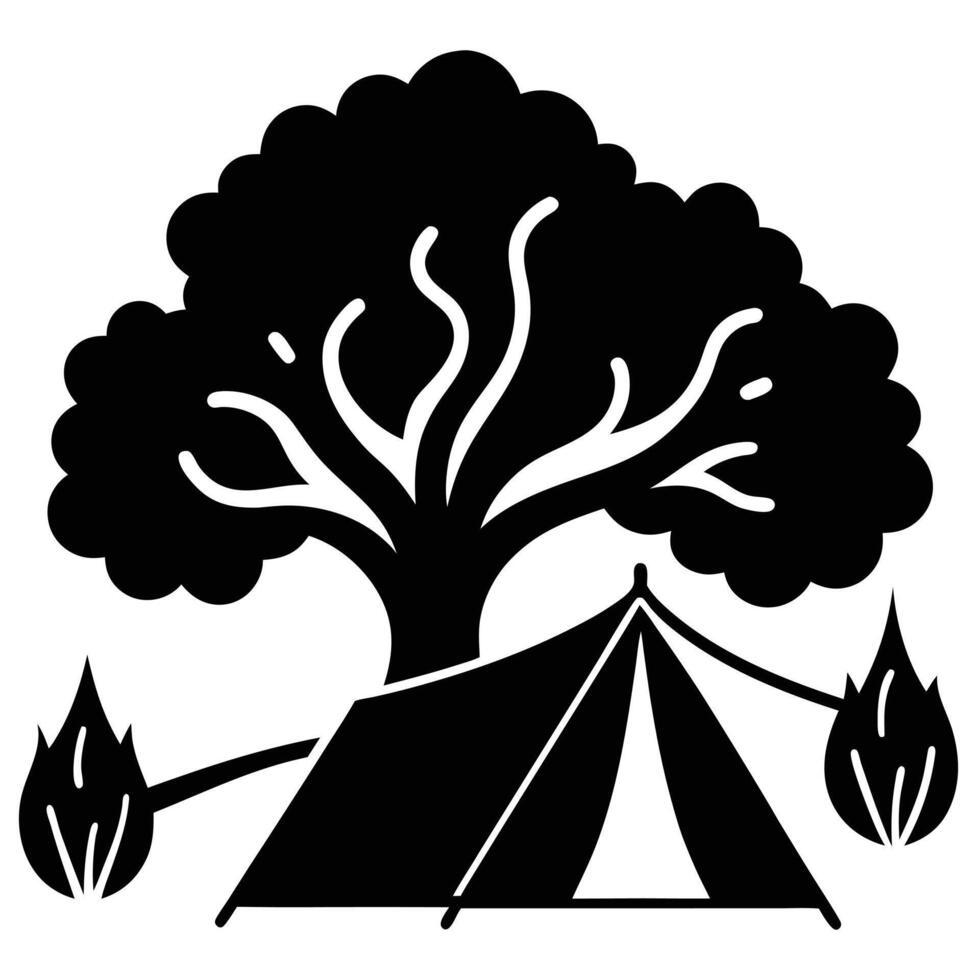 Camping tent with tree and fire vector