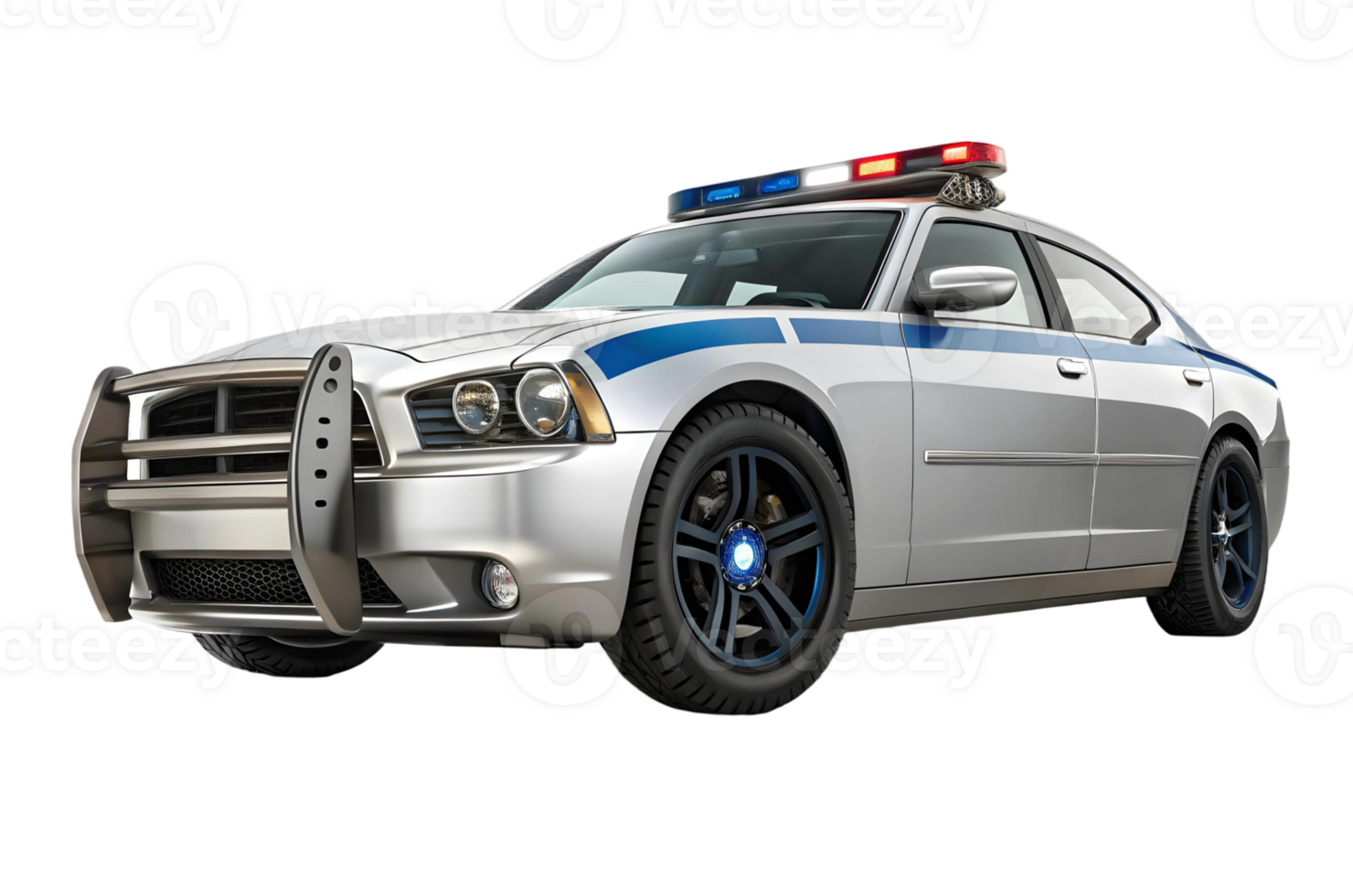 Police car silver with blue stripe and push bumper emergency vehicle law enforcement on transparent background png