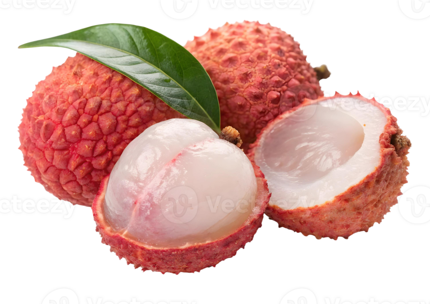 Fresh lychee fruit with green leaf and cut half showing white flesh on transparent background png