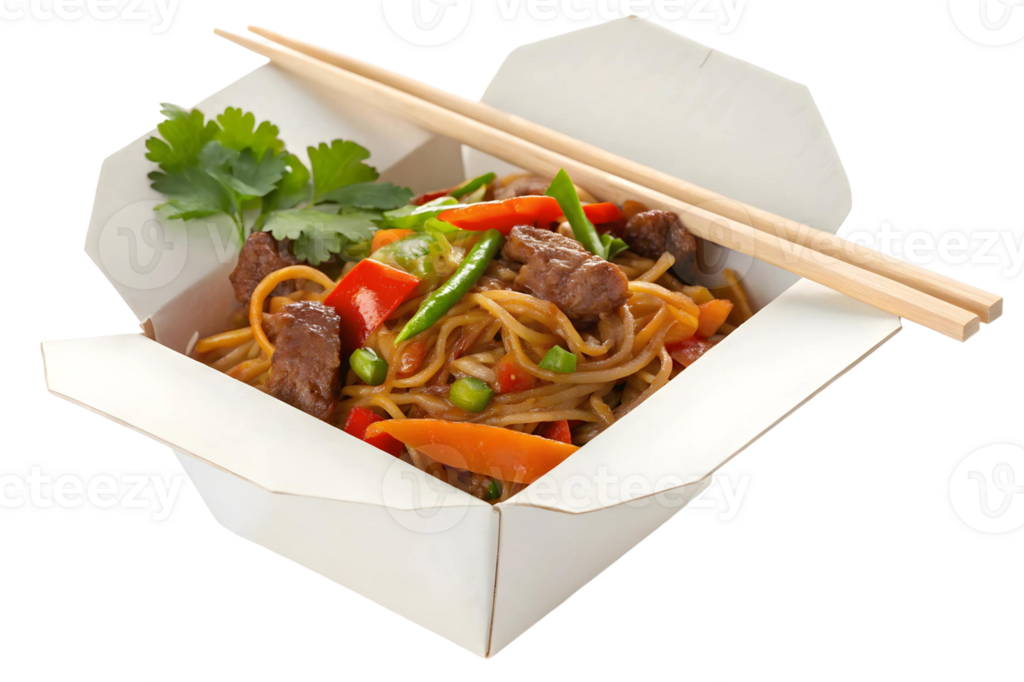 Close up of beef lo mein in a white takeout container with chopsticks and parsley garnish on top on transparent background png