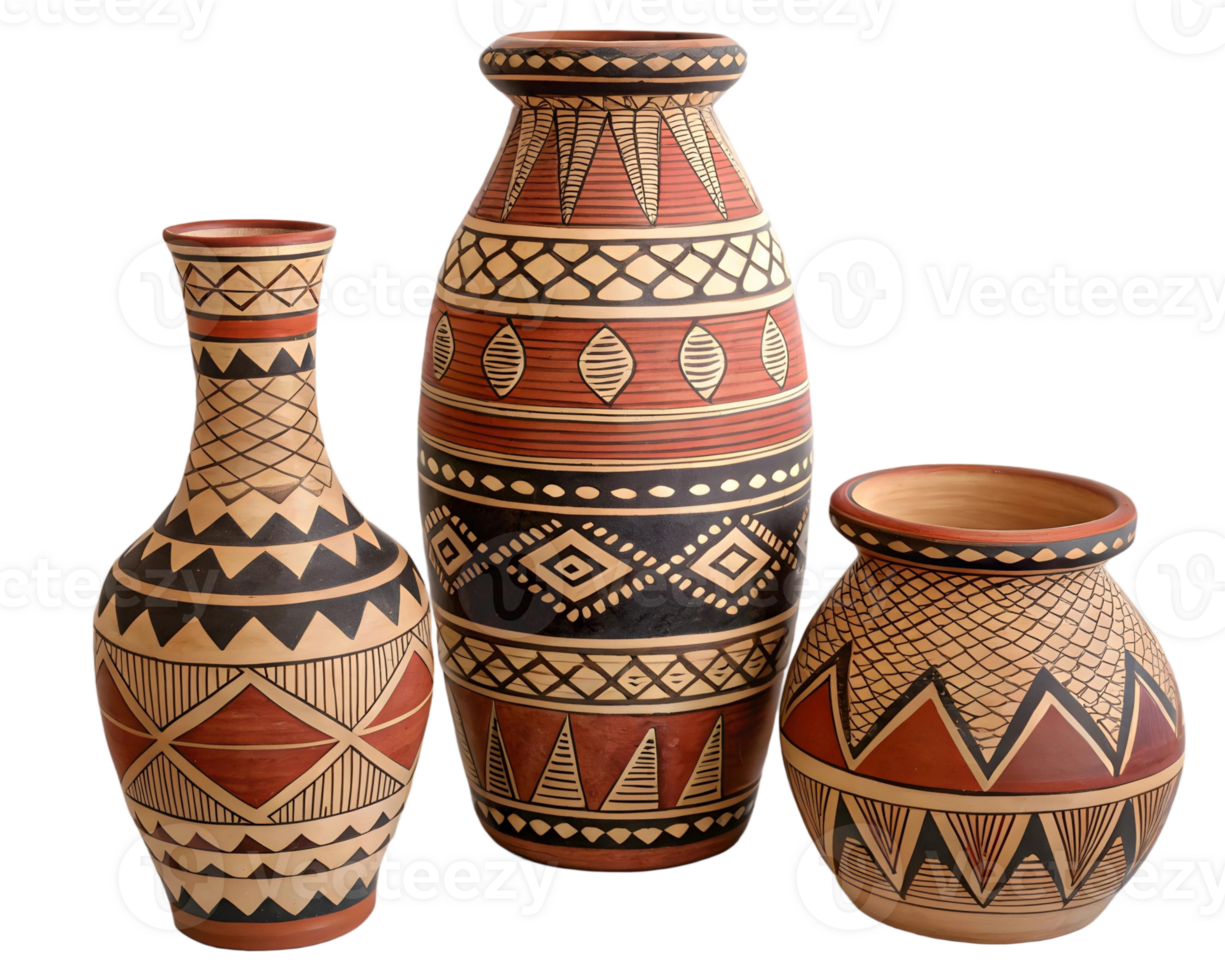 Three decorative african vases with geometric patterns on a transparent background studio shot png