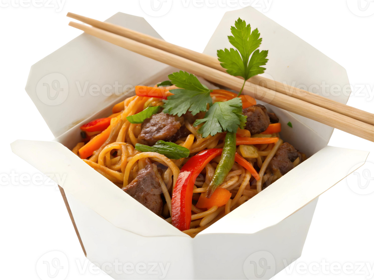 Close up of takeout box filled with stir fried noodles beef and vegetables with chopsticks on top on transparent background png