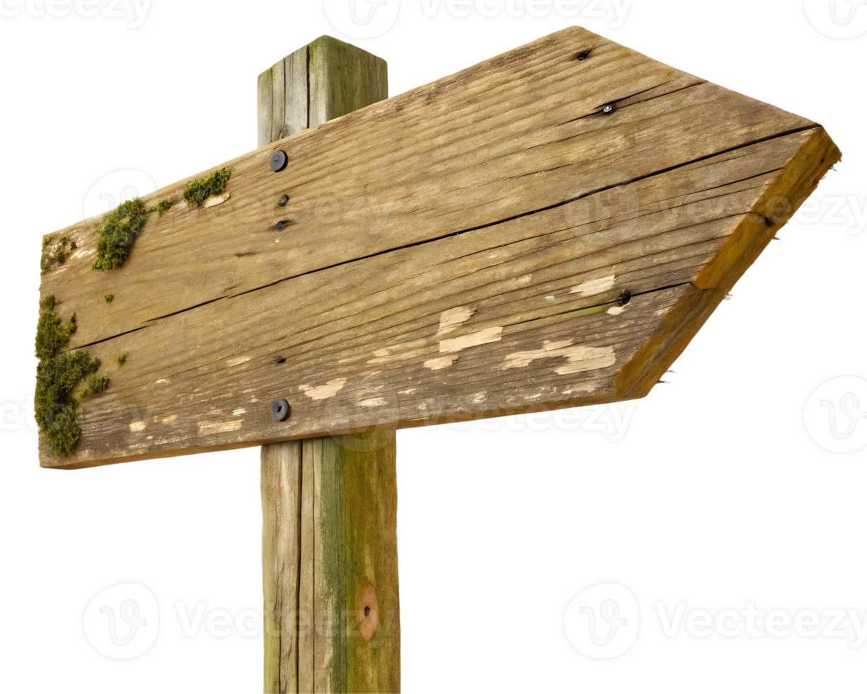 Rustic wooden signpost with moss and weathered texture pointing right for outdoor navigation concept png