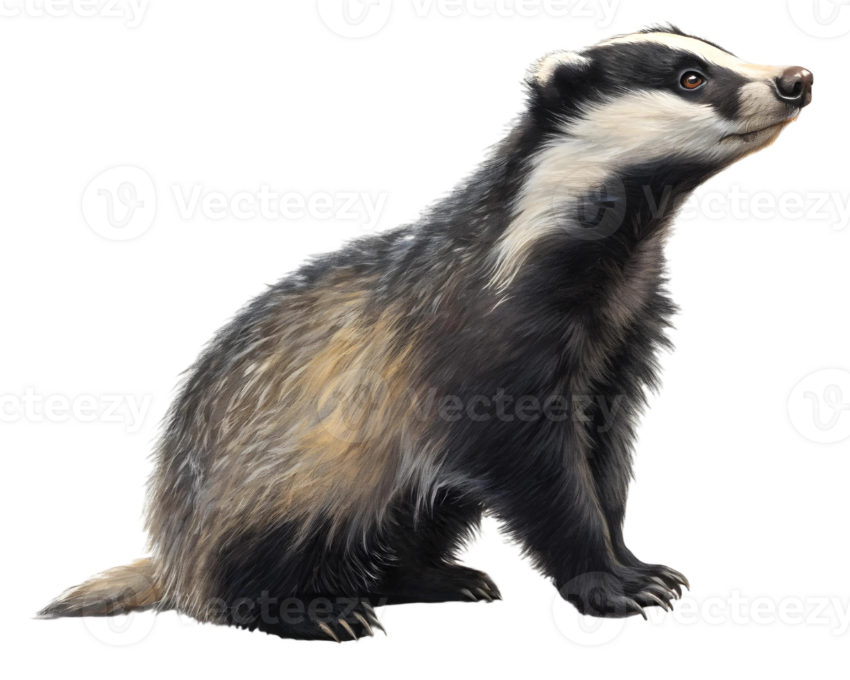 A european badger sitting upright looking up with a transparent background png