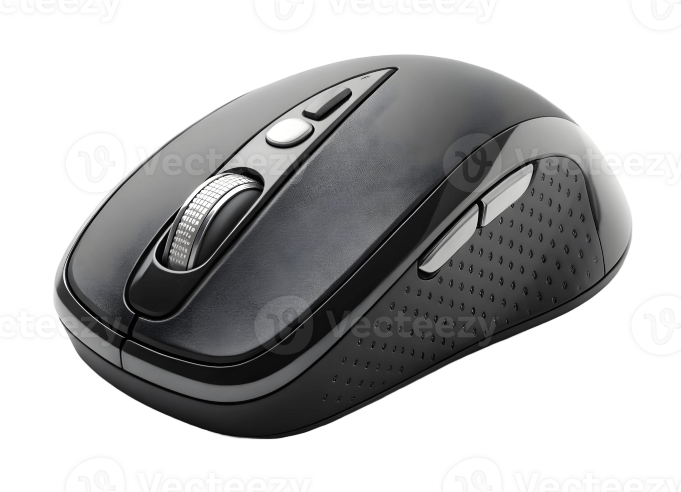 Close up of a black wireless computer mouse with silver scroll wheel on a transparent background png