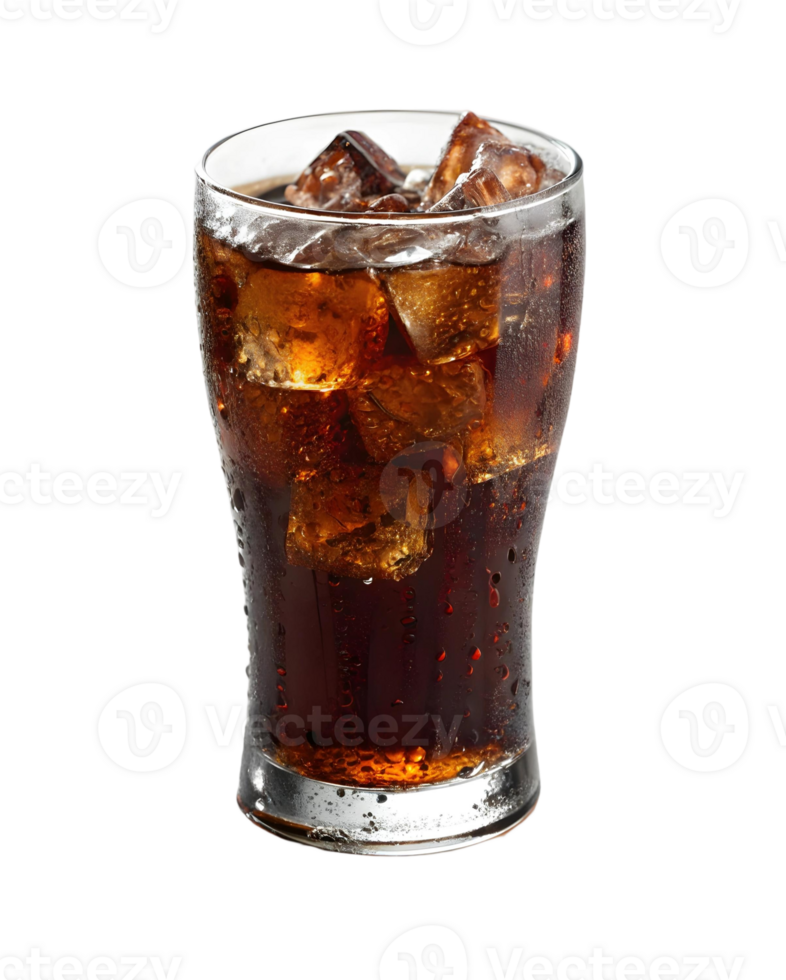 Refreshing cola beverage with ice cubes in a clear glass on a plain transparent background png