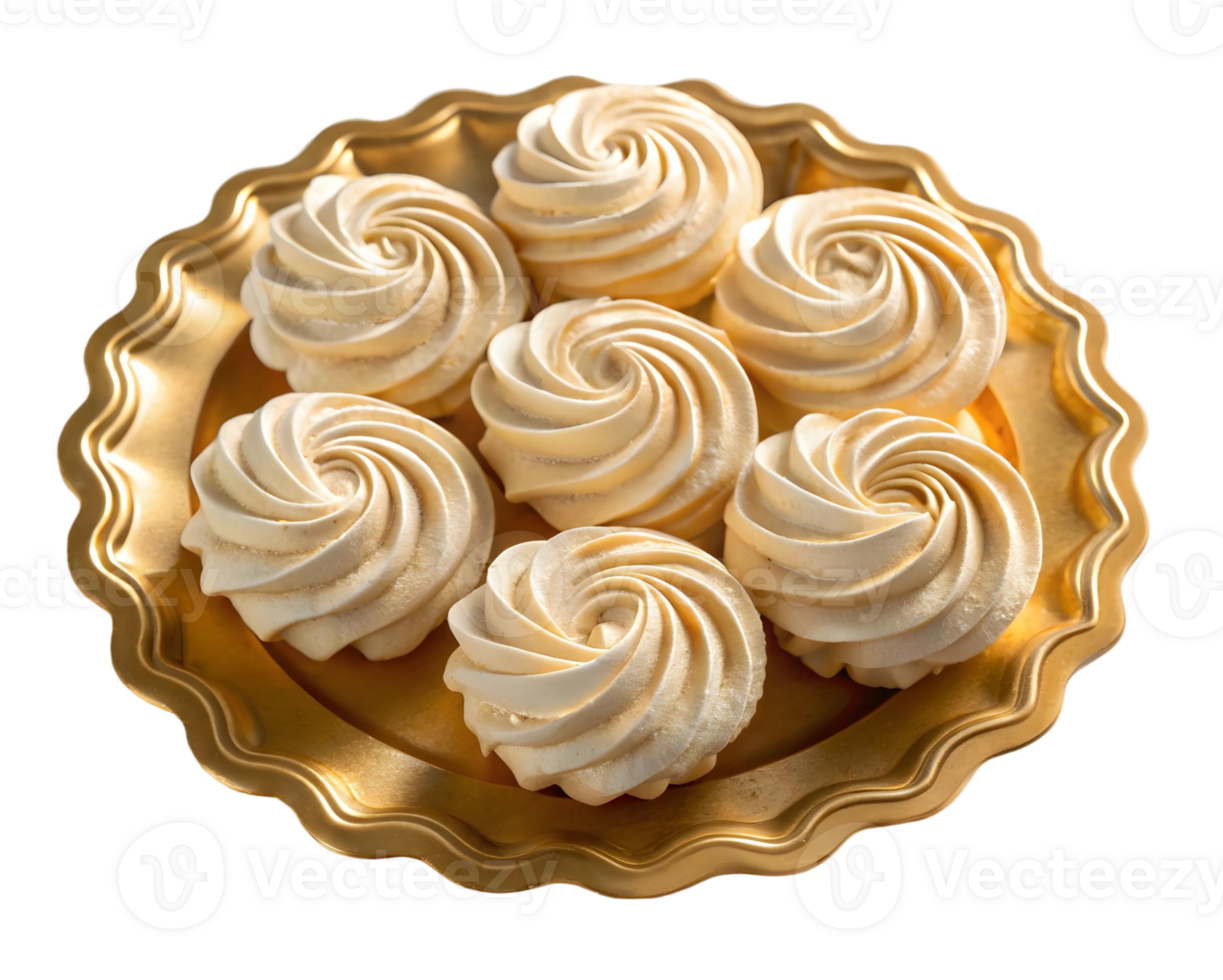 Elegant golden plate holding several beige swirl shaped meringues in a circular arrangement png
