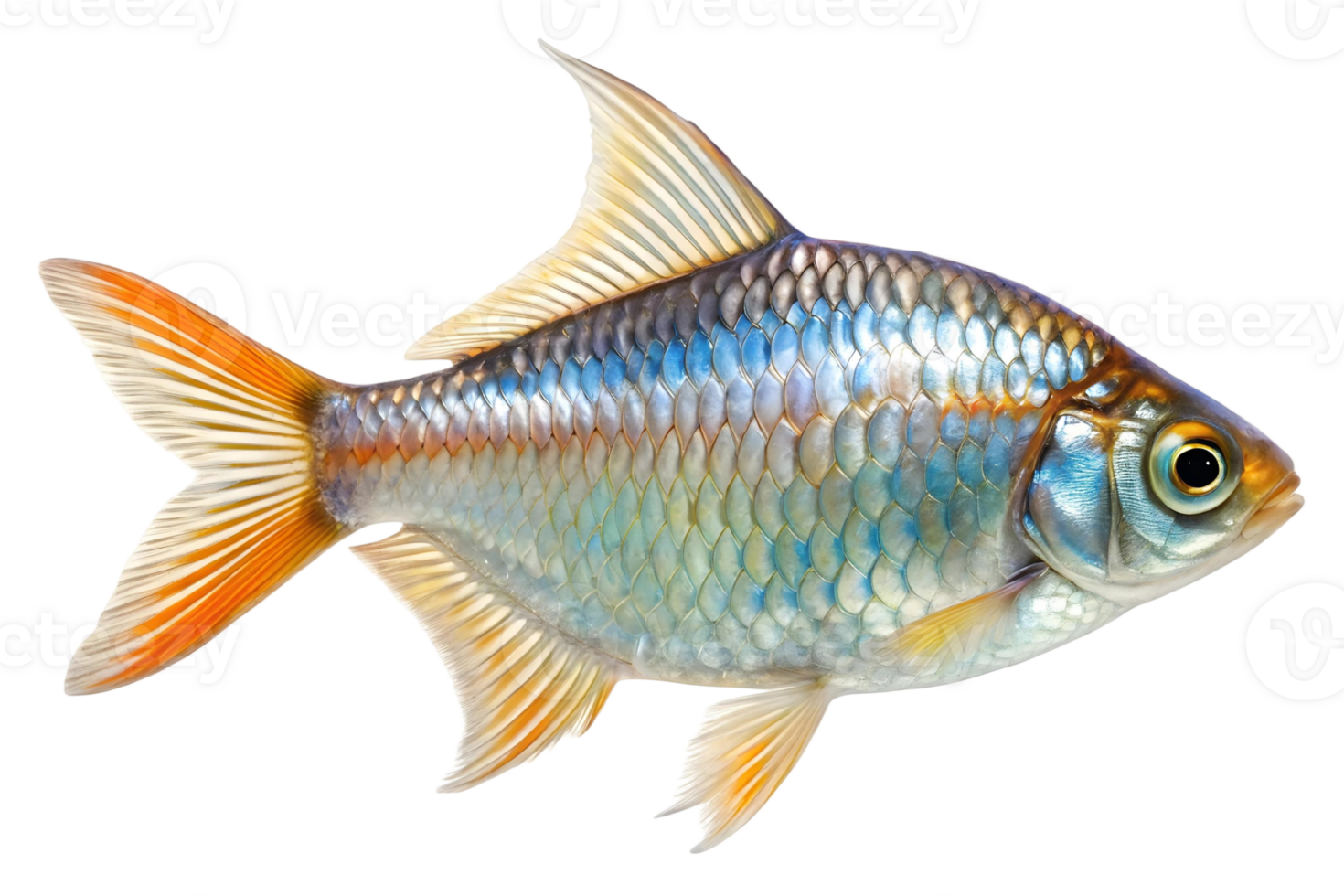 Vibrant image of a tropical fish with shimmering scales and orange accents on fins png