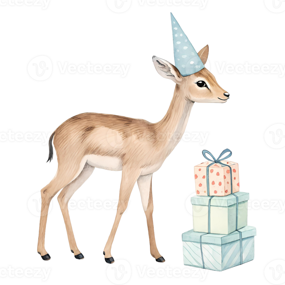 Cute fawn celebrating birthday with presents png