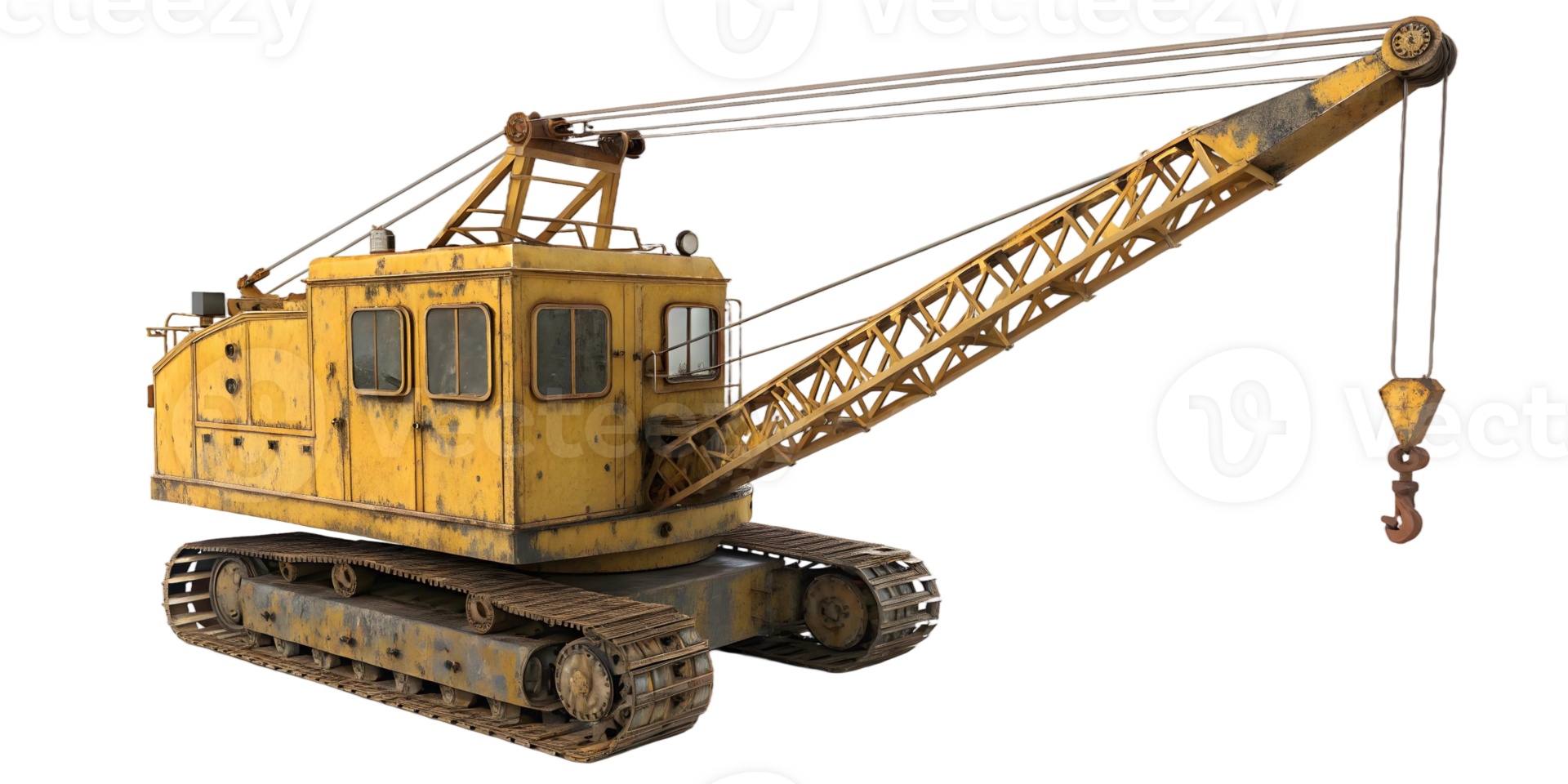 yellow crane with boom and hook on tracks ready for construction and heavy lifting work site png