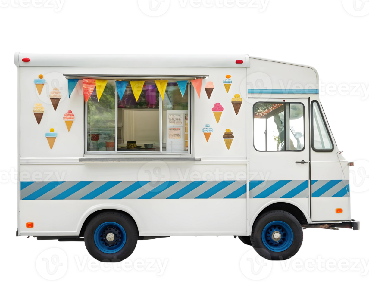 Ice cream truck with colorful pennants and ice cream cone decals for summer fun and treats concept png