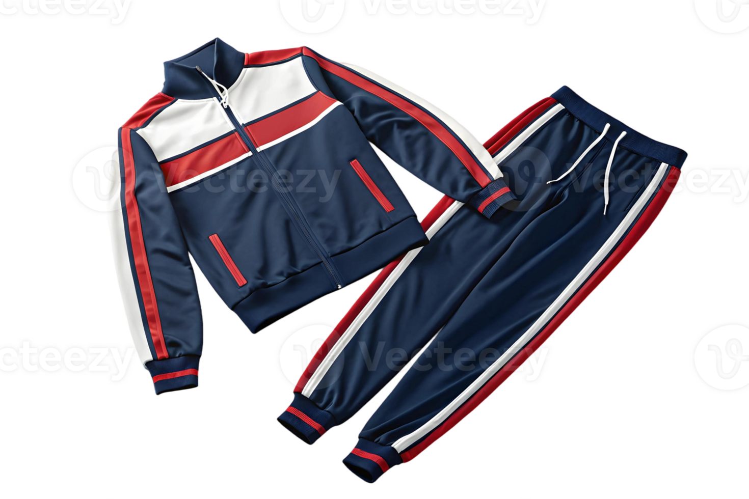 Navy blue tracksuit with white and red stripes isolated on a transparent background in a flat lay view png