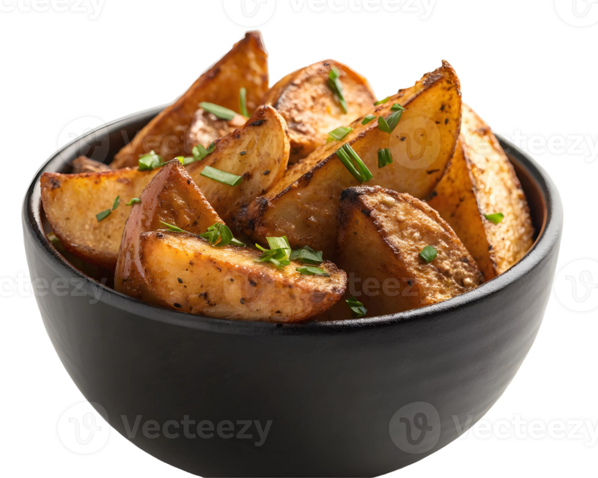 Golden potato wedges in a black bowl garnished with fresh chives on a neutral background close up view png