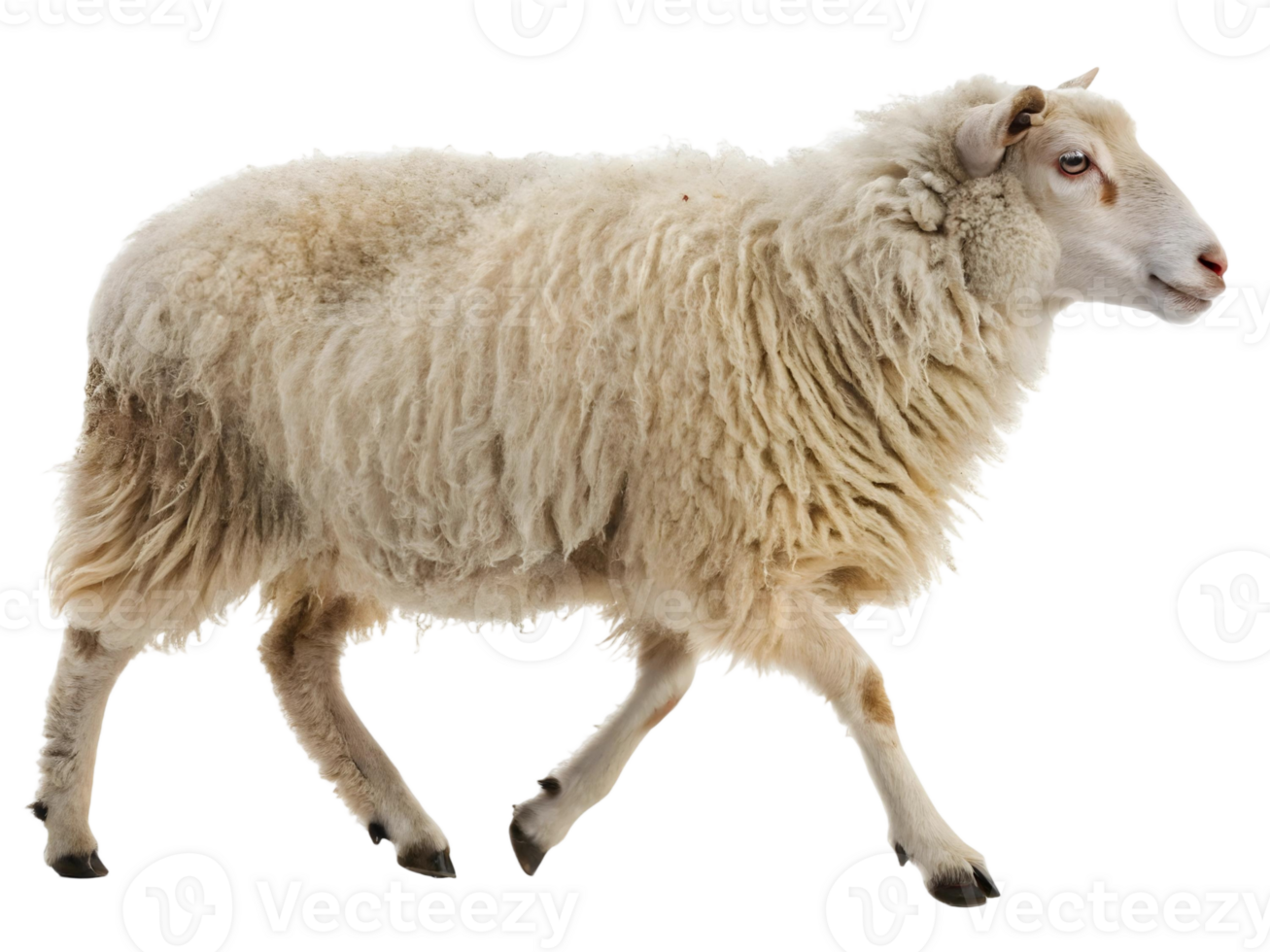 A fluffy sheep with white wool walking across a transparent background in a studio shot png