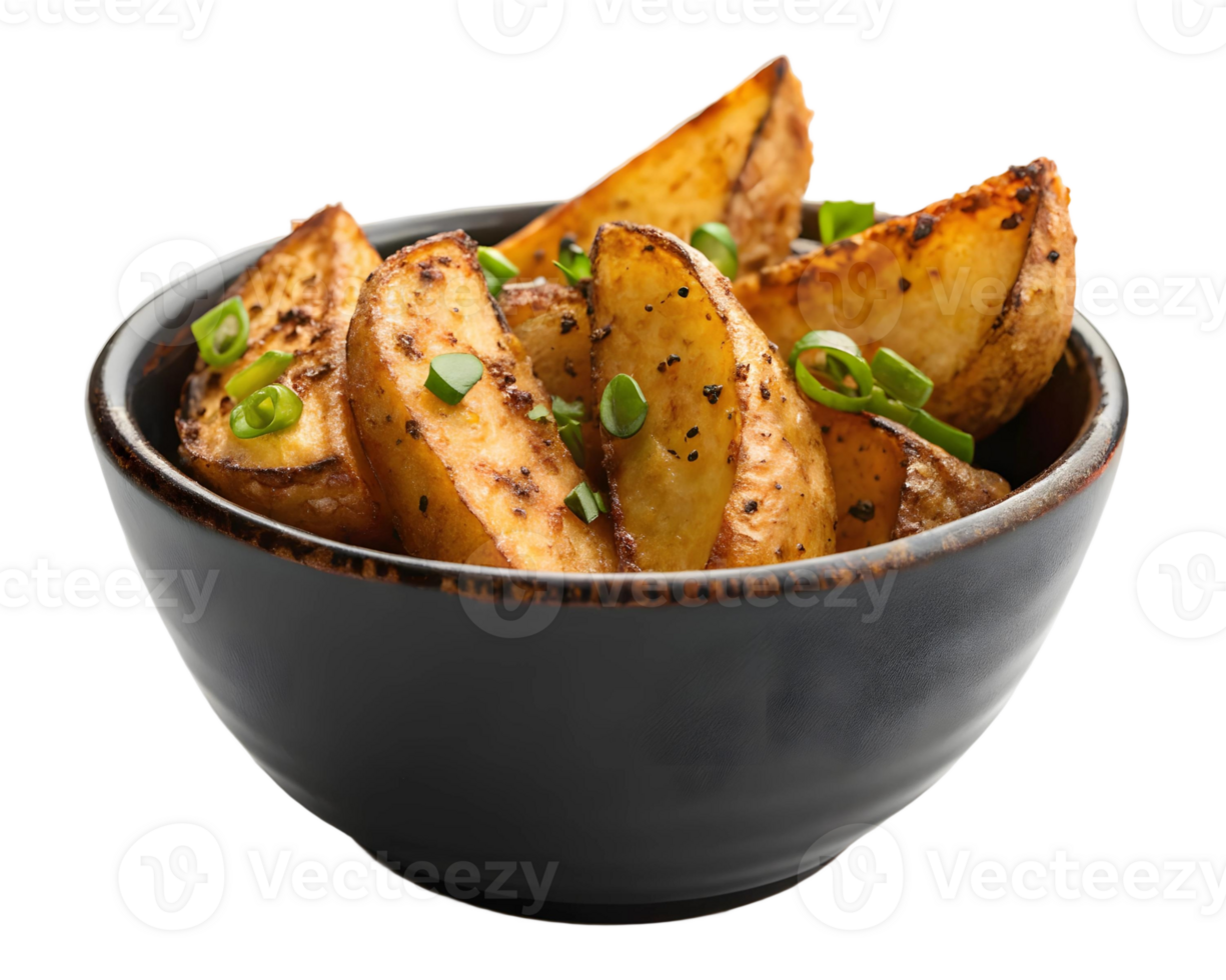 Close up of potato wedges in a dark bowl garnished with green onions on a transparent background png