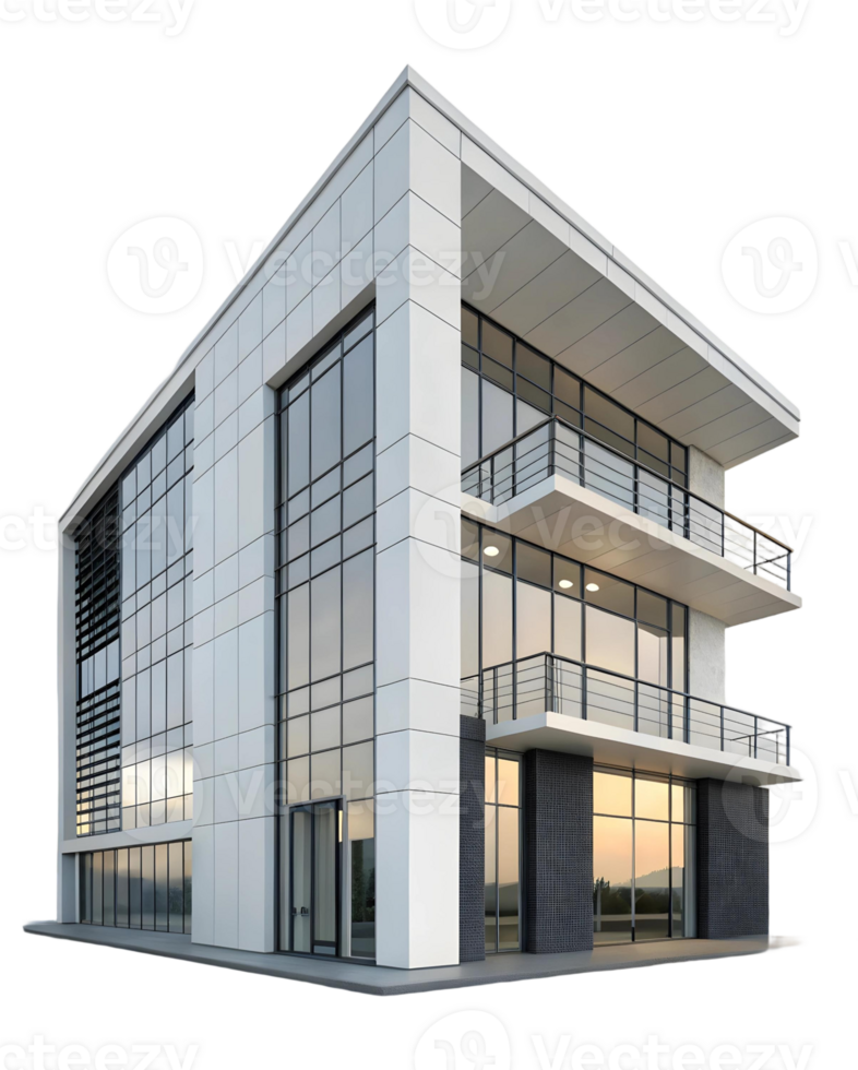 Modern architecture building exterior design with balconies and large window glass facade design concept png