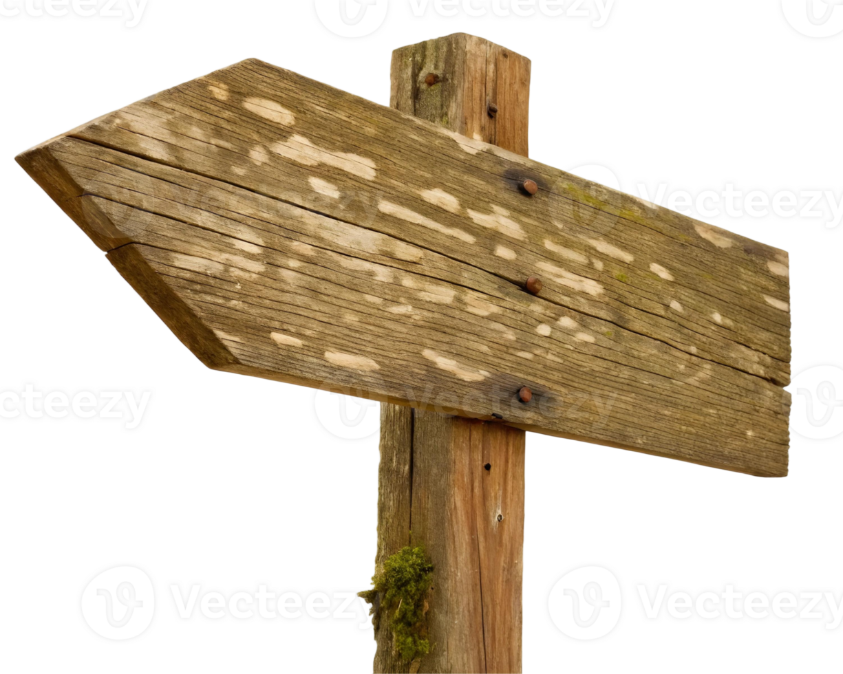Rustic wooden signpost pointing left for direction and guidance on a transparent isolated background png