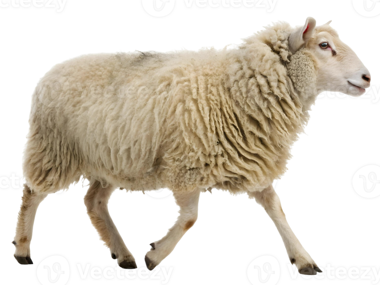 Sheep walking on a transparent background showing its woolly coat and slender legs in a studio shot png