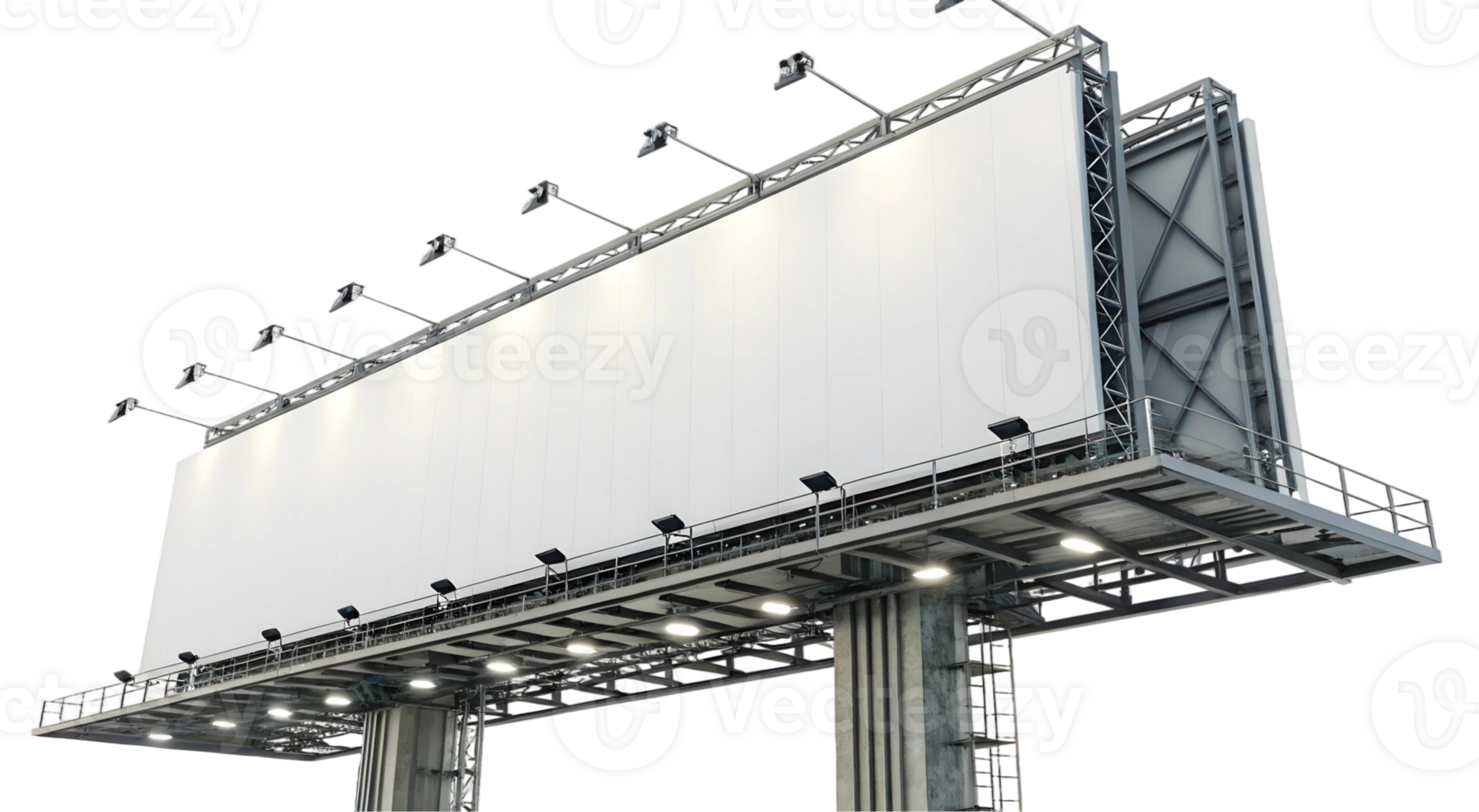 A large blank billboard with metal framework and lighting against a transparent background for advertisements png