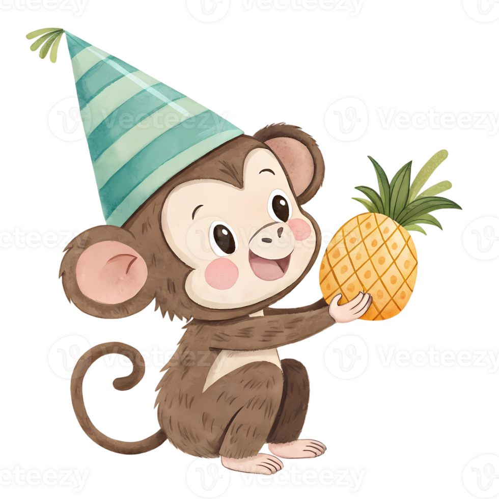 Cartoon monkey with party hat holding a pineapple on a transparent background illustration png