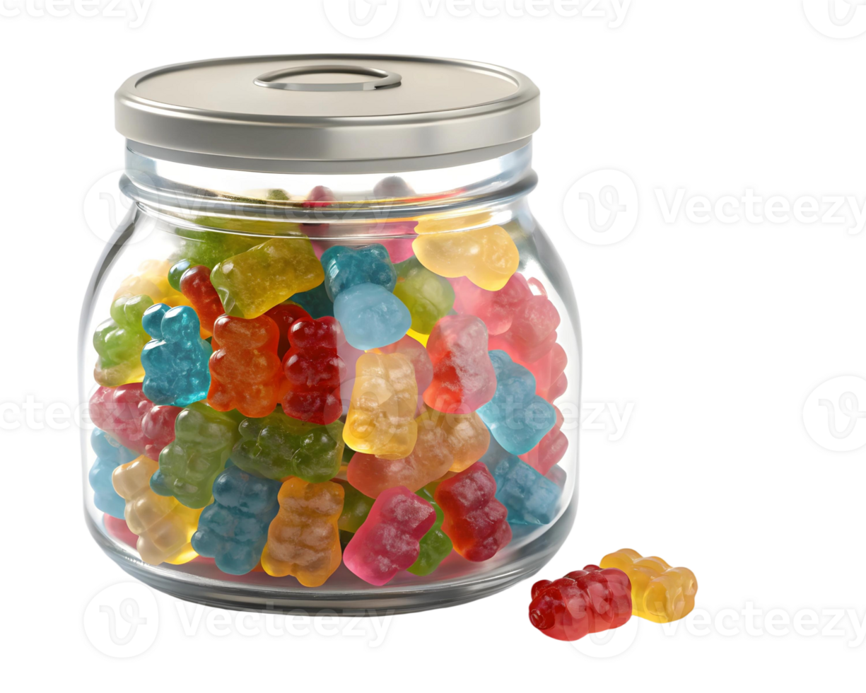 A jar filled with vibrant, multi-colored gummy bear candies, captured against a transparent background. png