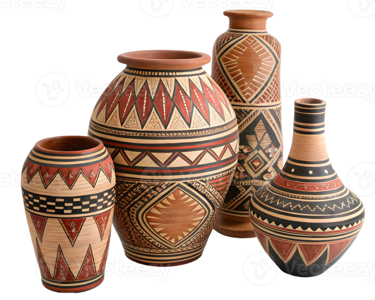 Collection of decorative african vases with tribal patterns and geometric designs on a transparent background png