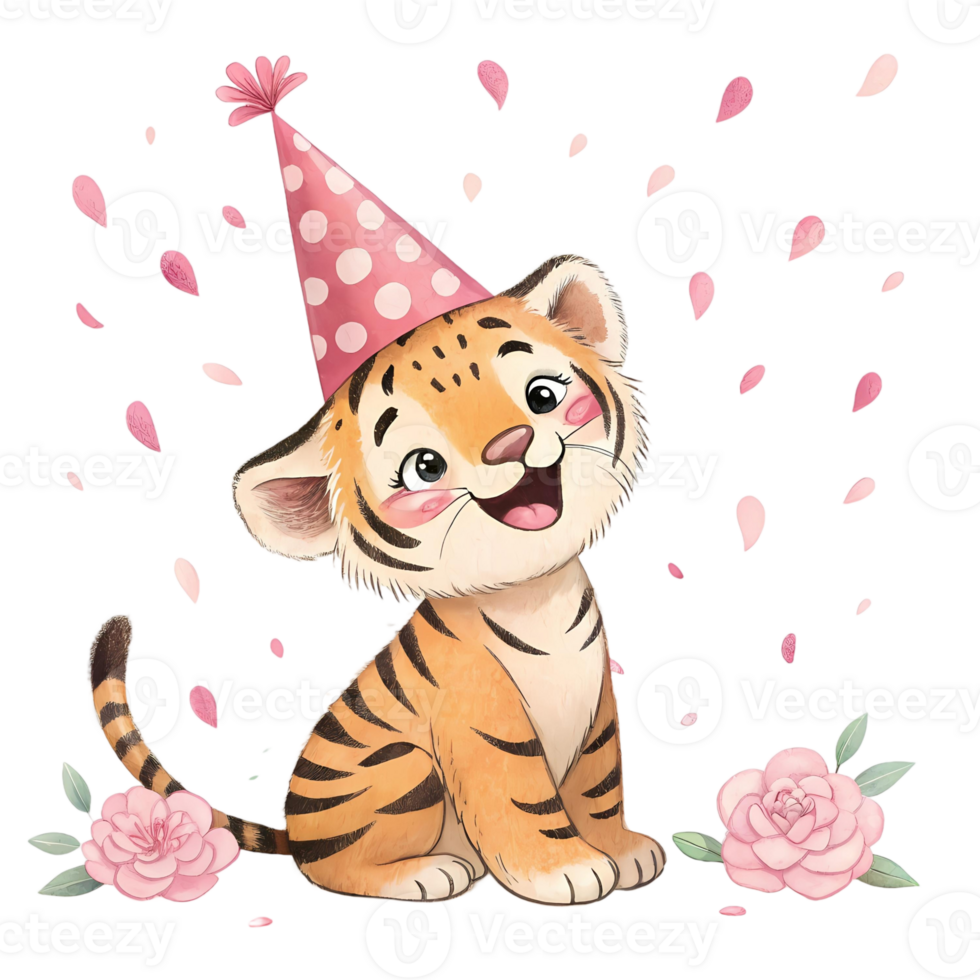 Cute Baby Tiger Cub Celebrating Birthday with Pink Flowers and Confetti png