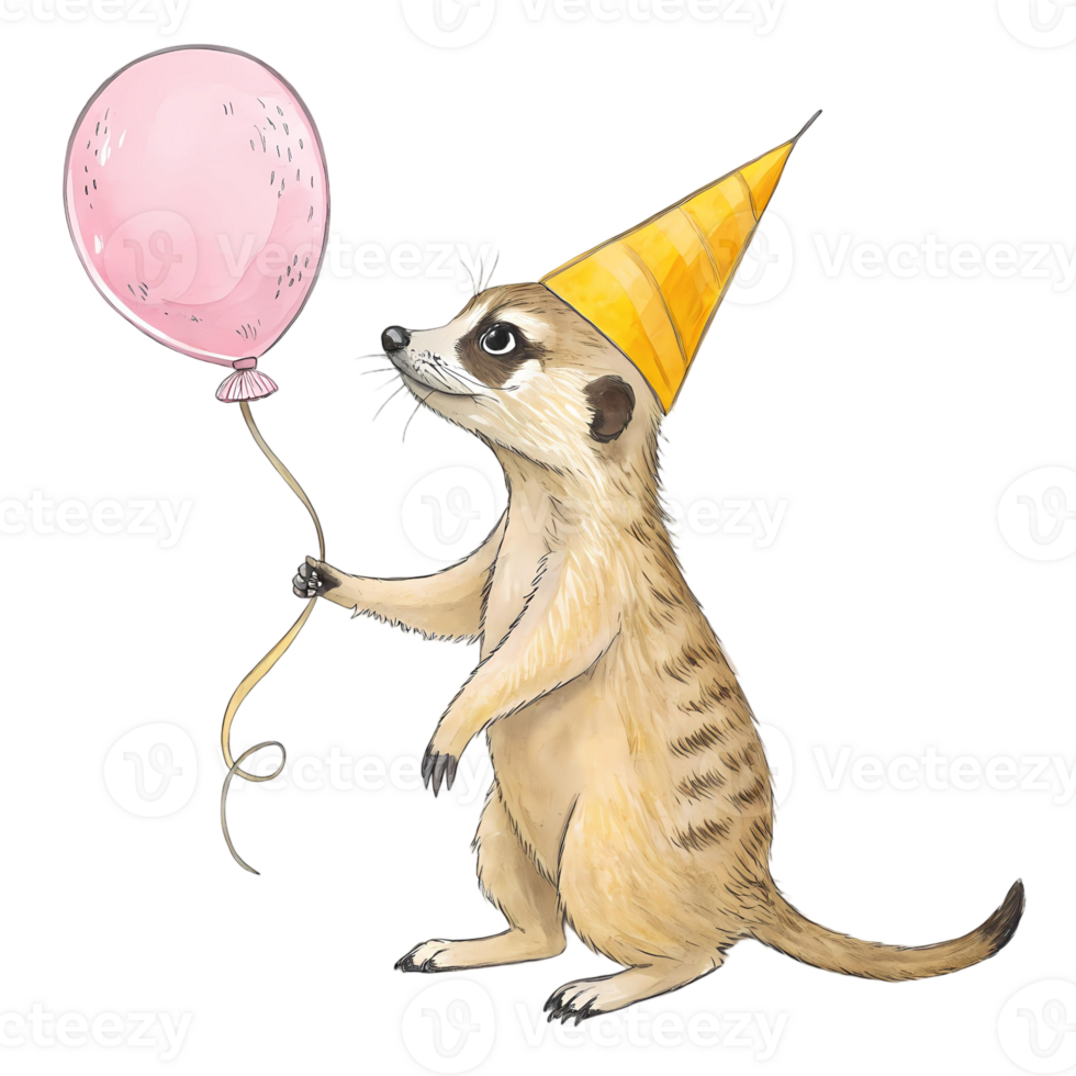 Adorable Meerkat Holding Pink Balloon Wearing Party Hat Celebrating Birthday png