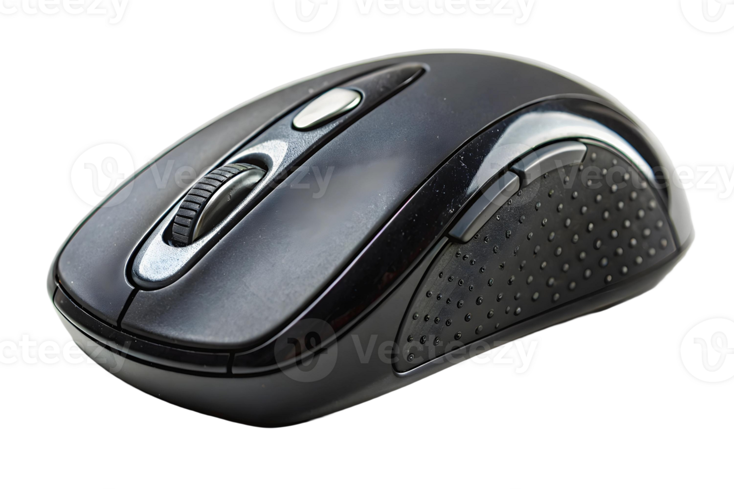 Close up of a black wireless computer mouse with a scroll wheel on a transparent background for office use png