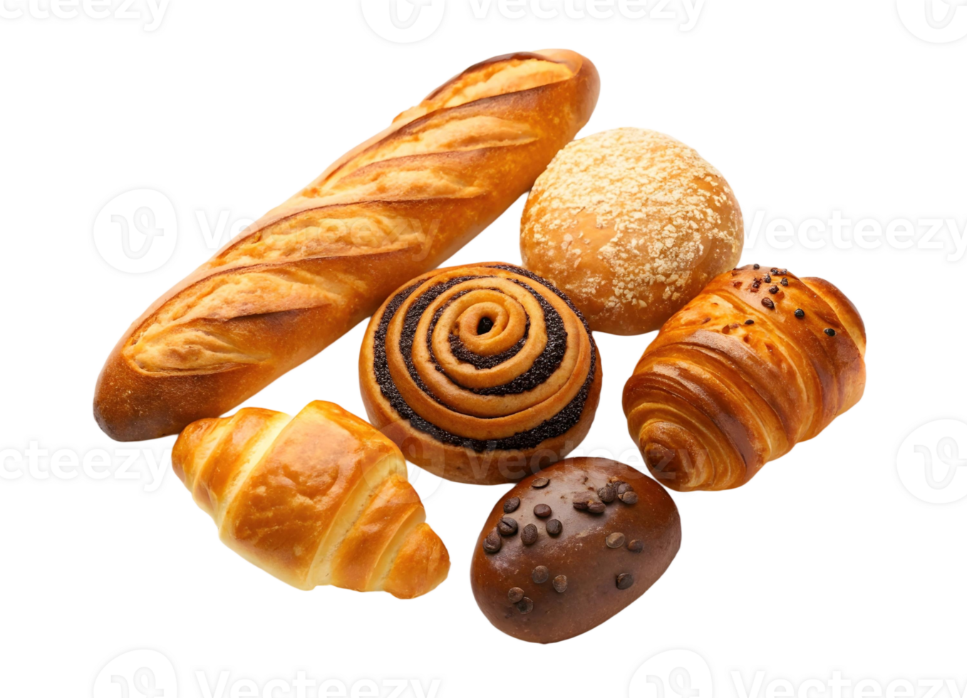 Assortment of freshly baked pastries including croissant baguette and sweet rolls on a transparent background png