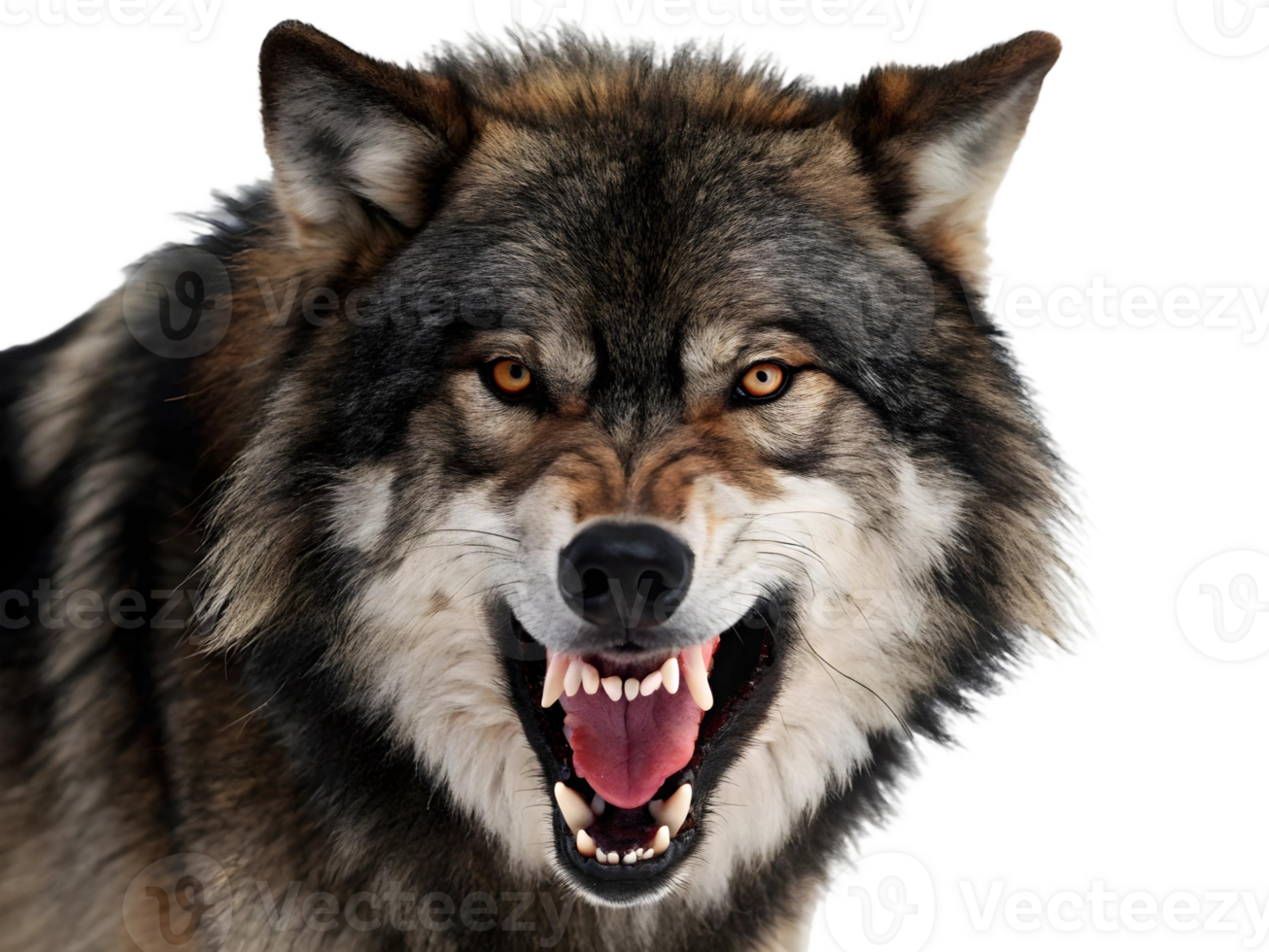 Close up of a wolf snarling with sharp teeth and intense eyes on a transparent background png