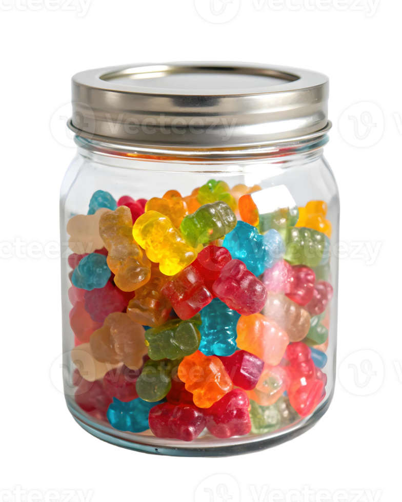 A jar filled with colorful gummy bears, a sweet treat, isolated on a transparent background, tasty and fun png