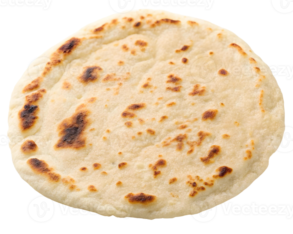 Close up shot of a round flatbread with browned spots on a transparent background for food photography png