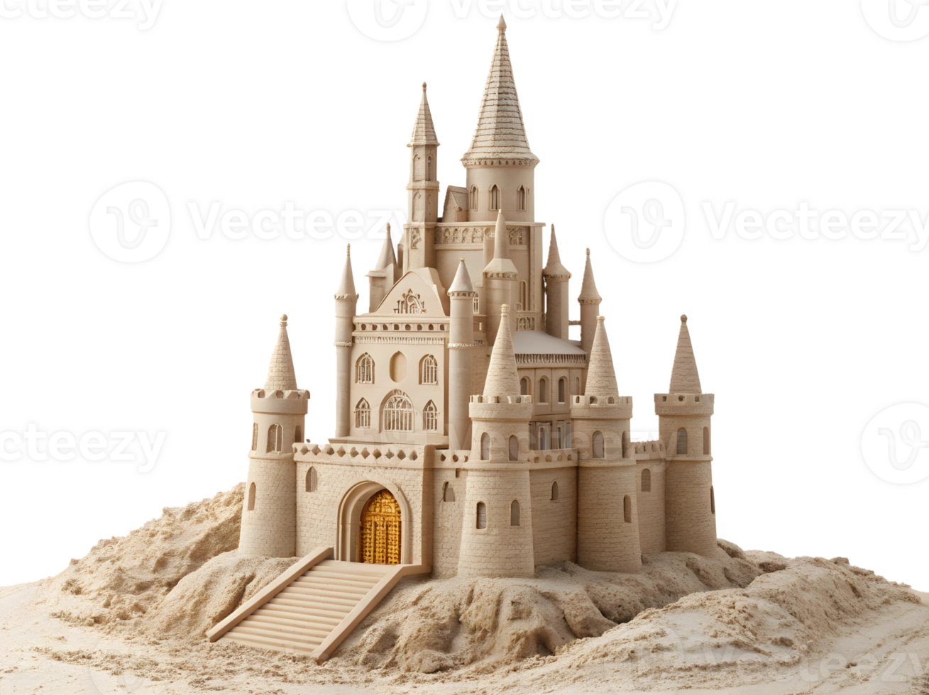sandcastle with towers and golden door on a sandy hill against transparent background png