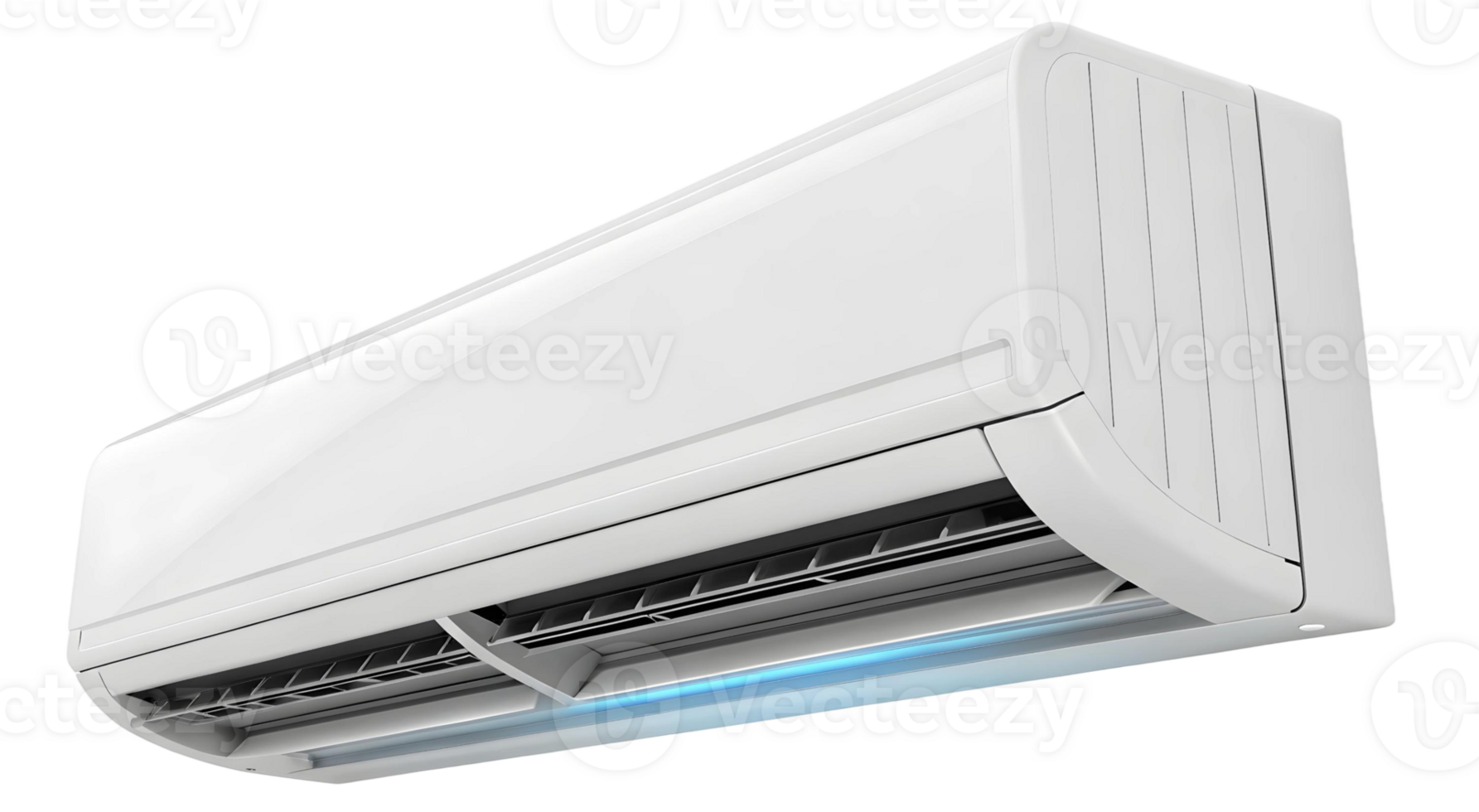 A close up shot of a white air conditioner mounted on a wall with a transparent background indoors png
