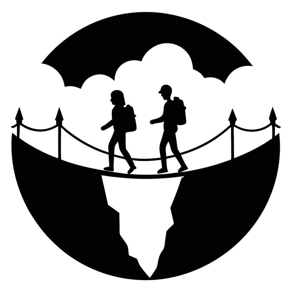 Two people walking across a bridge in silhouette vector