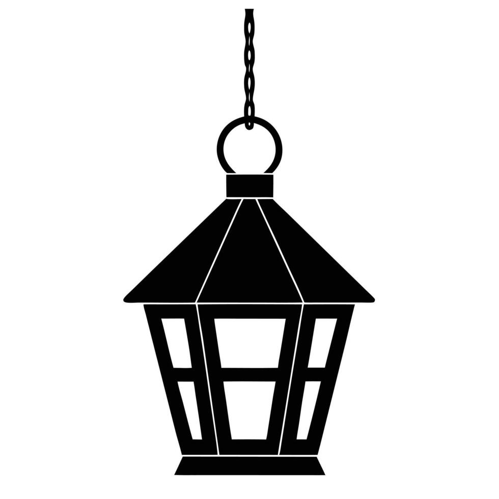 A black and white illustration of a lantern hanging from a chain vector